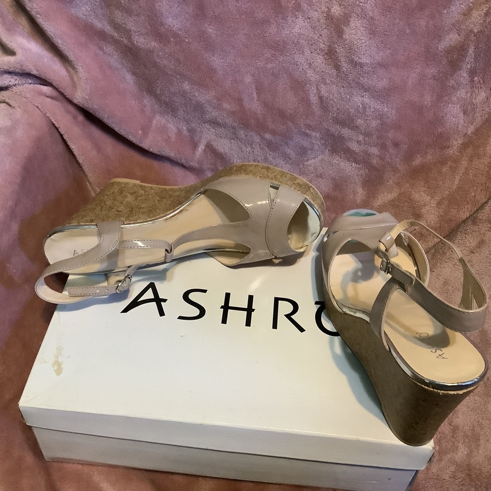 Ashro Tan Wedge Sandals with Ankle Straps